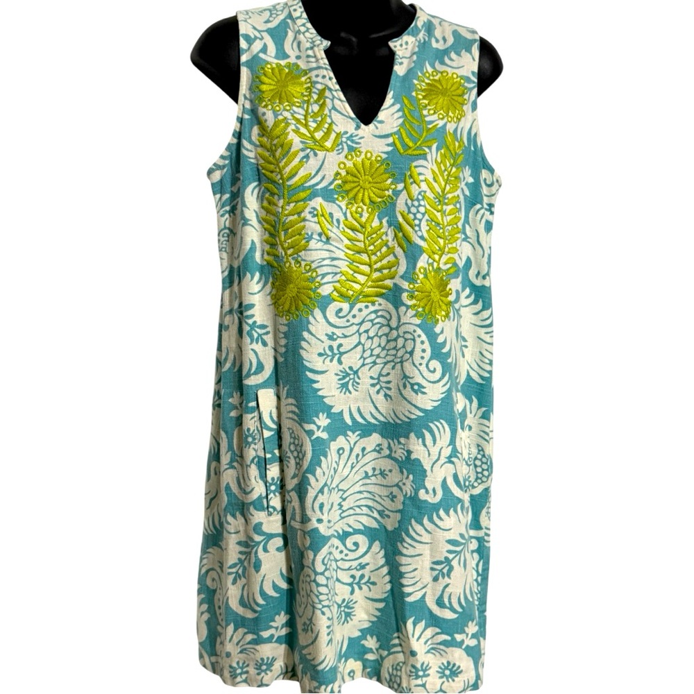 Ivy Jane Embroidered Boho Linen Blend Dress | Size M | Blue & Green